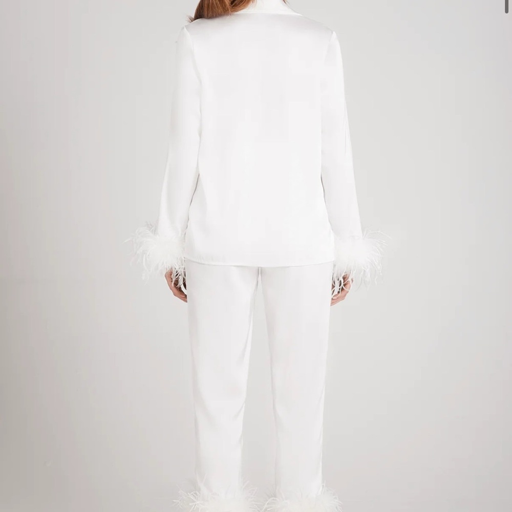 Nadine Merabi NWT Darcie Luxe White Feather Trim Silk Pajamas Bridal Bach - Picture 3 of 4